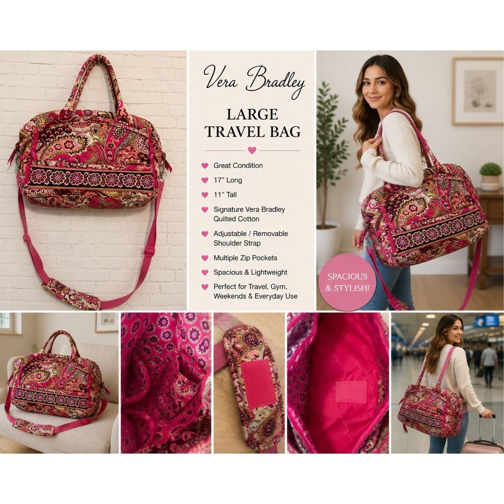 Vera Bradley Large Duffel/Travel Bag Pink Paisley Floral Shoulder